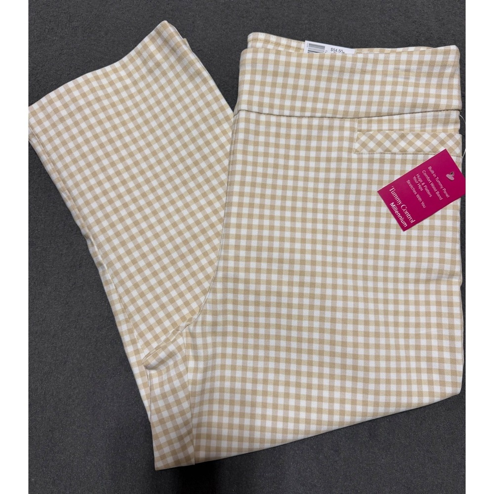 Kim Rogers Tan Micro Gingham Millennium Capri Tummy Control Pants Size 14 NEW